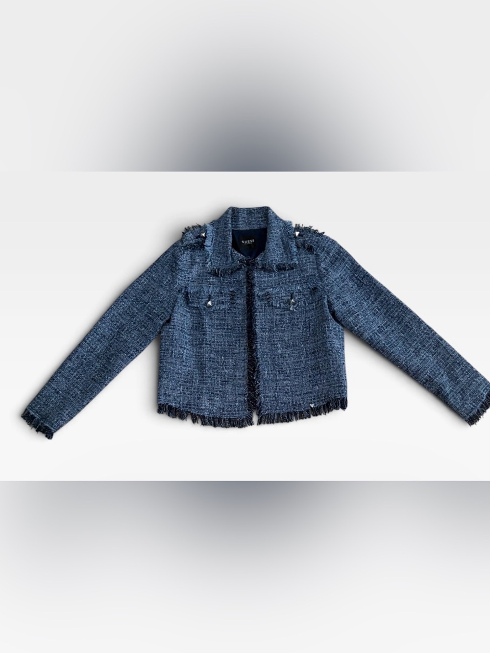 Guess Navy Blue Tweed Fringe Cropped Jacket
